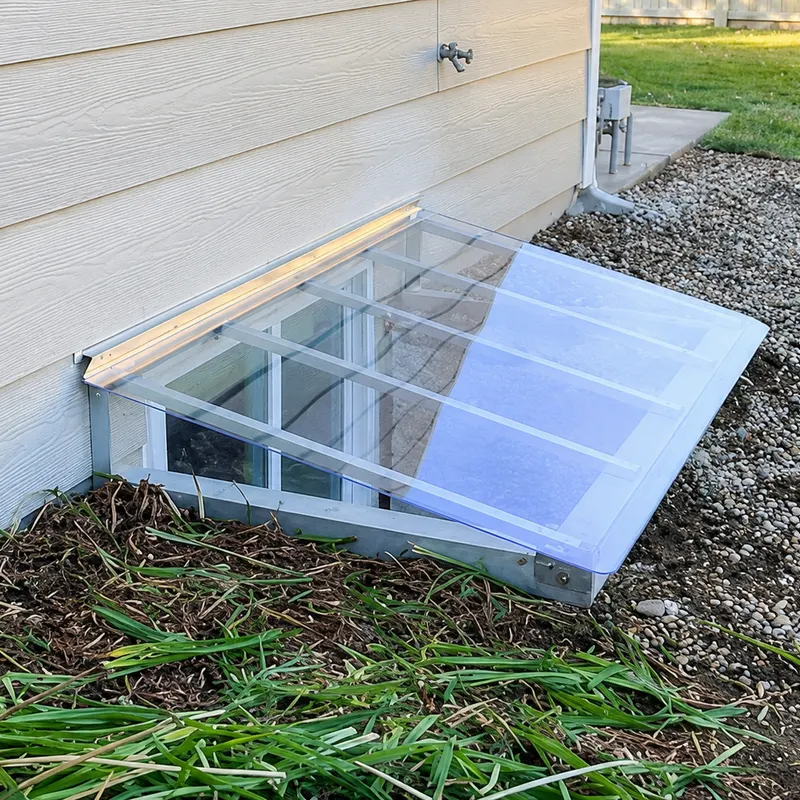 Window well cover installed on home with landscaped yard